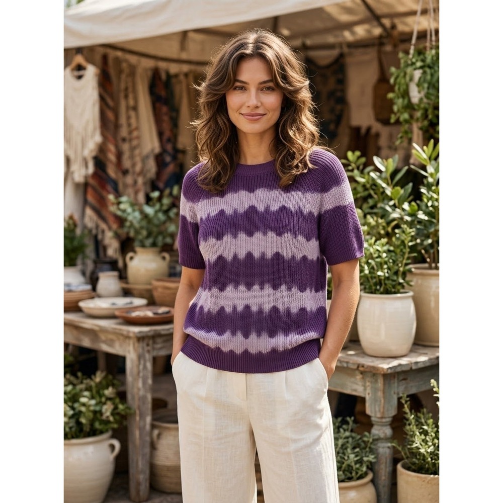Tie Dye Ribbed LOGO Lori Goldstein Purple Cotton Short Sleeve Sweater Size S
